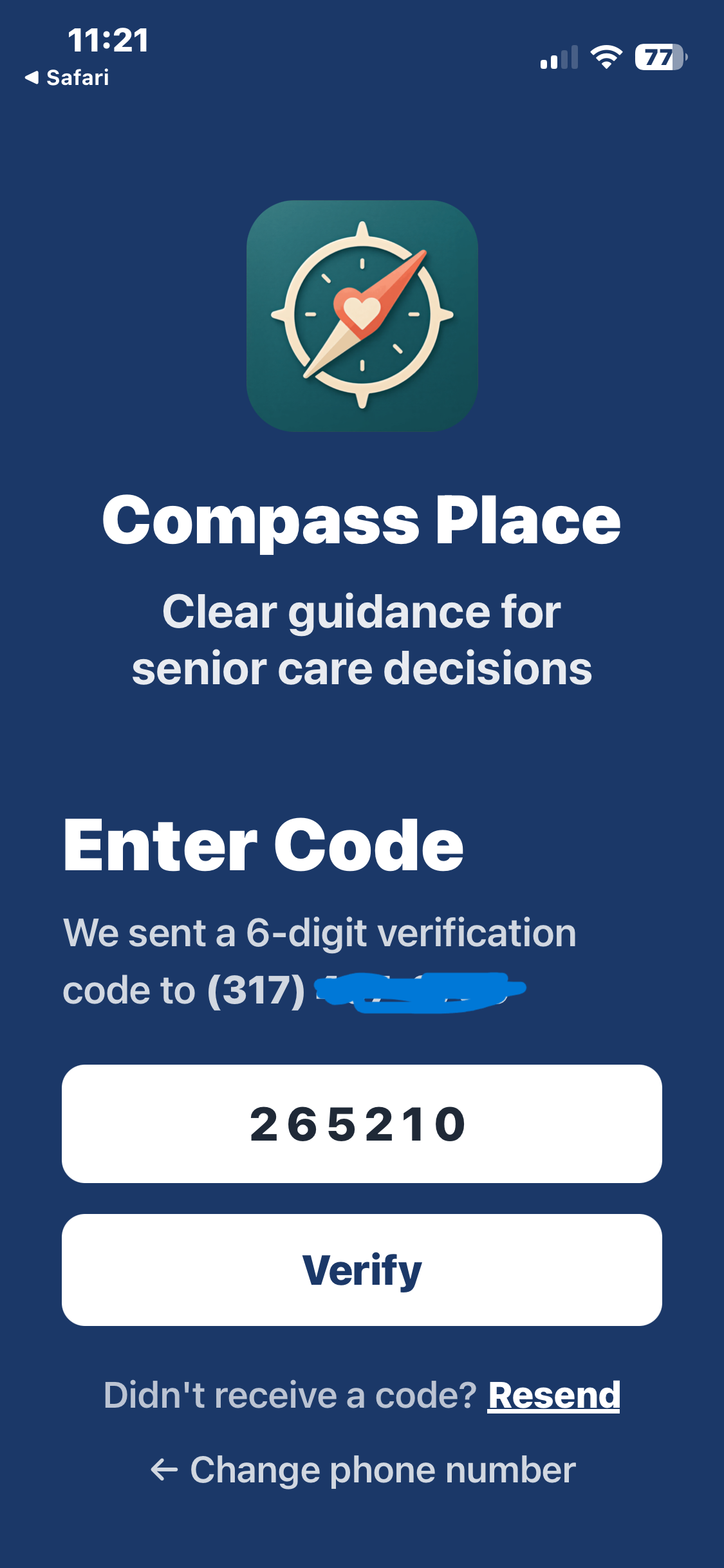 User receives and enters SMS verification code